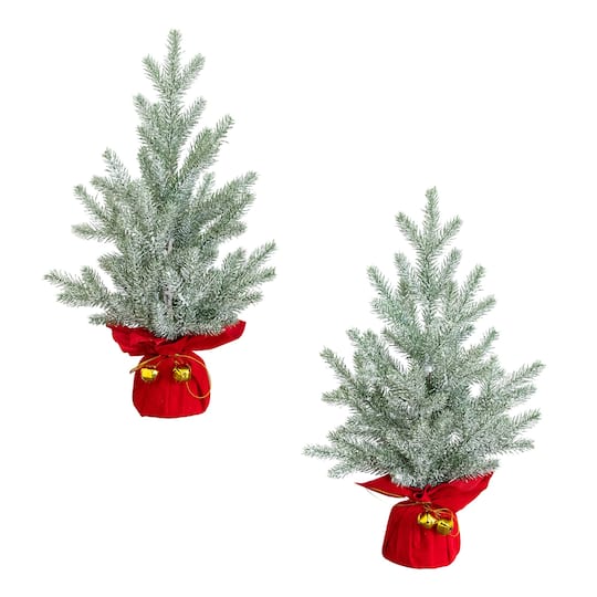 Nearly Natural 18" Unlit Artificial Flocked Christmas Tree with Wrapped Velvet Base & Gold Bells, 2ct.